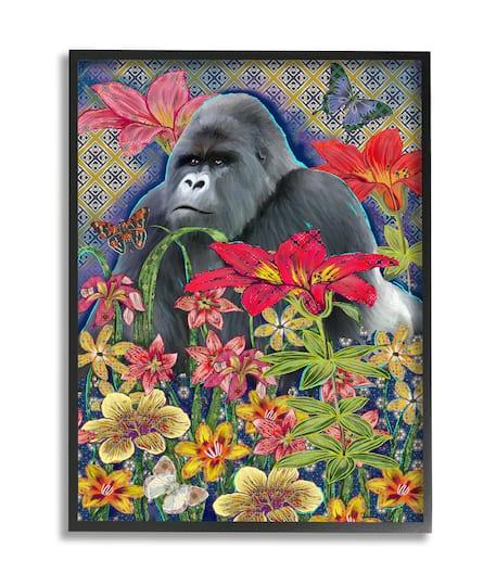 Stupell Industries Gorilla Standing Behind Tropical Florals Wall Art in Frame